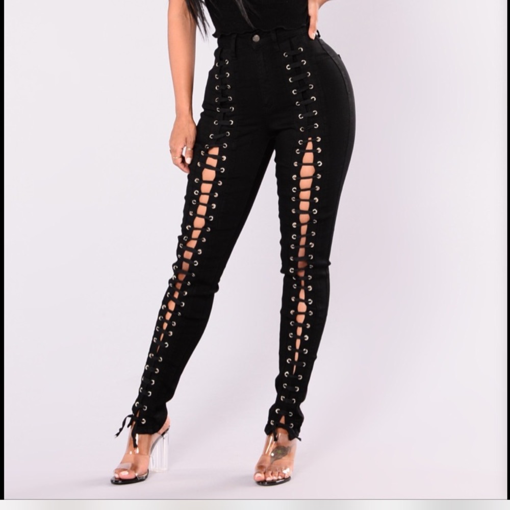Black Lace up Skinny Jeans